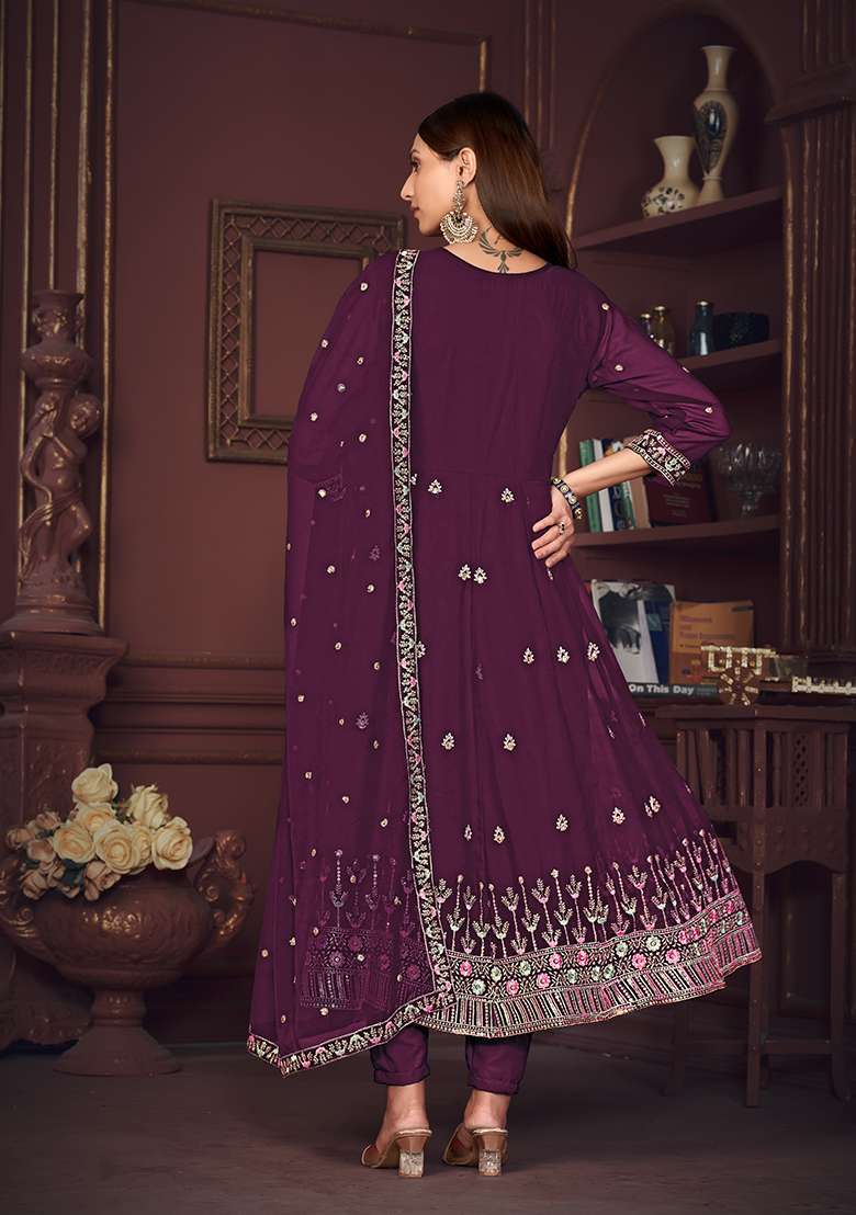 Purple Embroidered Georgette Anarkali With Dupatta - Indya