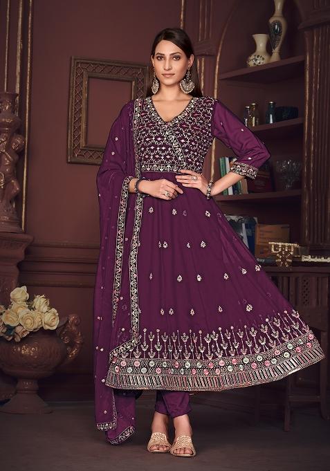 Purple Georgette Embroidered Anarkali Set With Dupptta