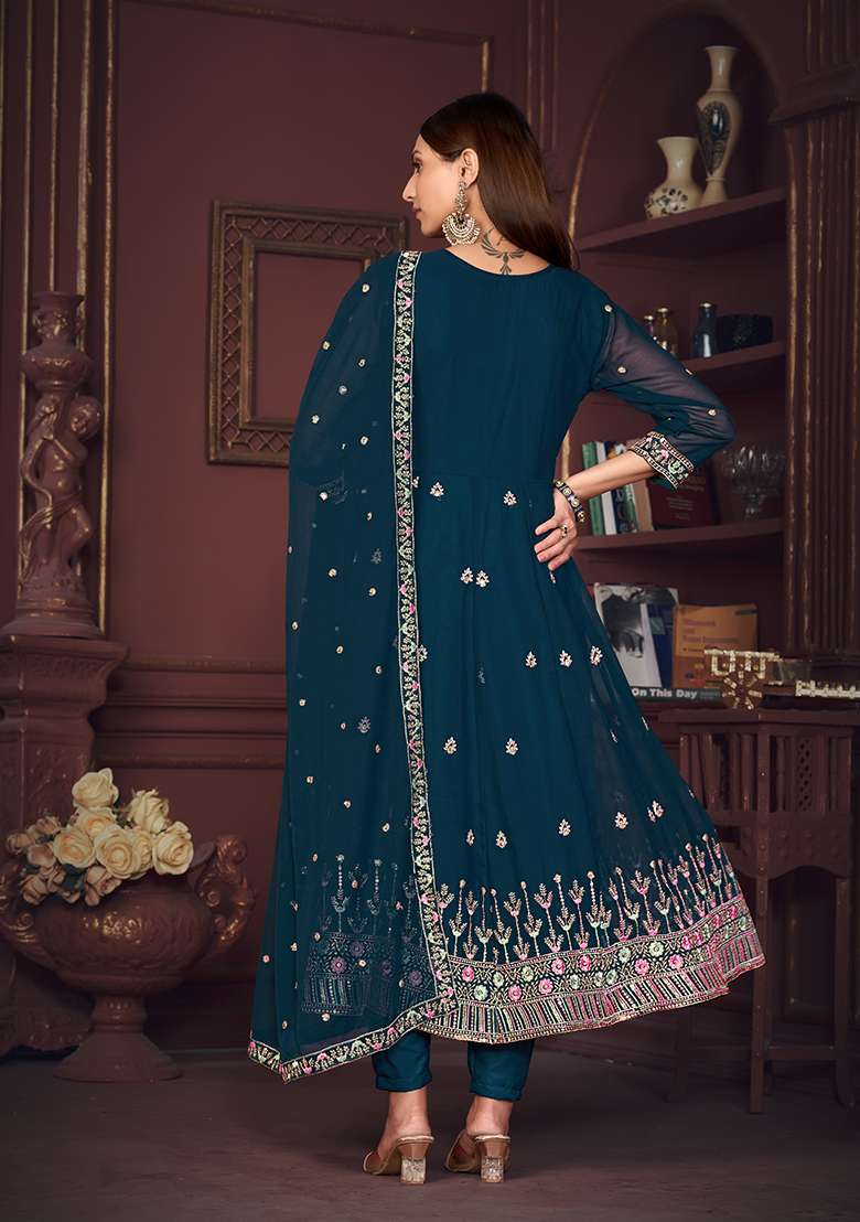 Turquoise Blue Georgette Embroidered Anarkali With Dupatta With Dupptta - Indya