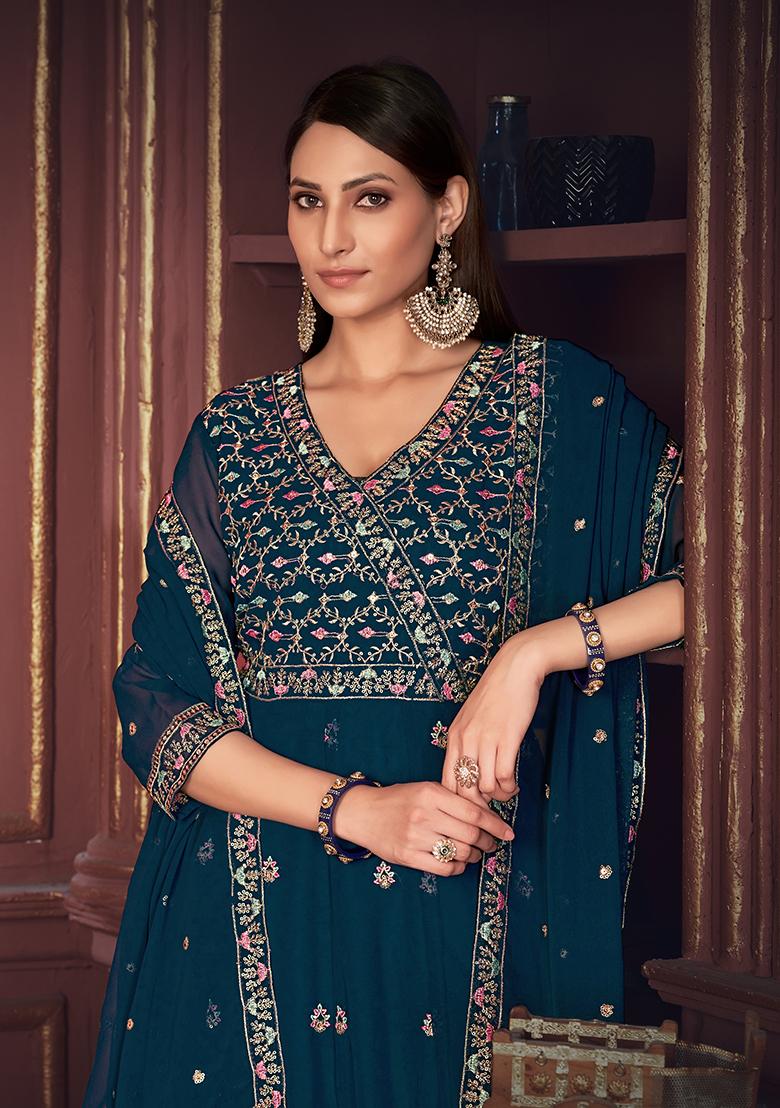 Turquoise Blue Georgette Embroidered Anarkali Set With Dupptta