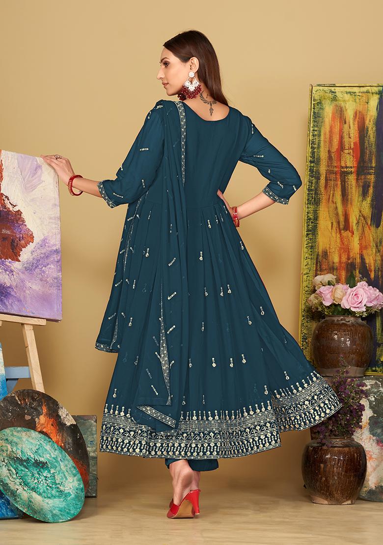 Turquoise Blue Georgette Embroidered Anarkali Set With Dupptta