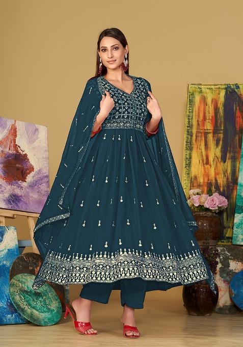 Turquoise Blue Georgette Embroidered Anarkali Set With Dupptta
