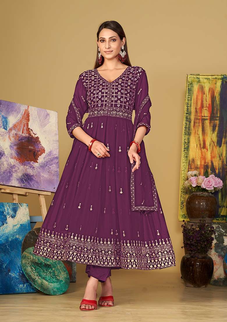 Purple Embroidered Georgette Anarkali With Dupatta - Indya