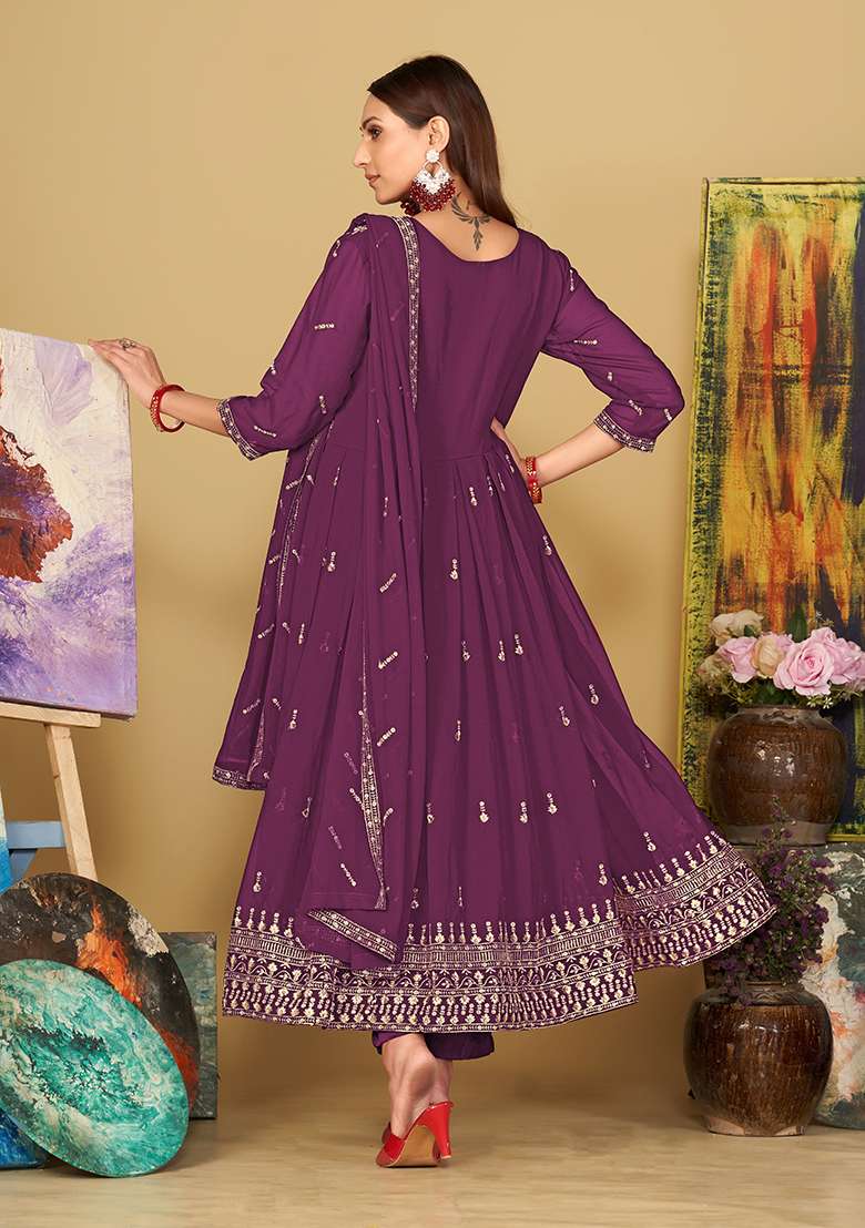 Purple Embroidered Georgette Anarkali With Dupatta - Indya