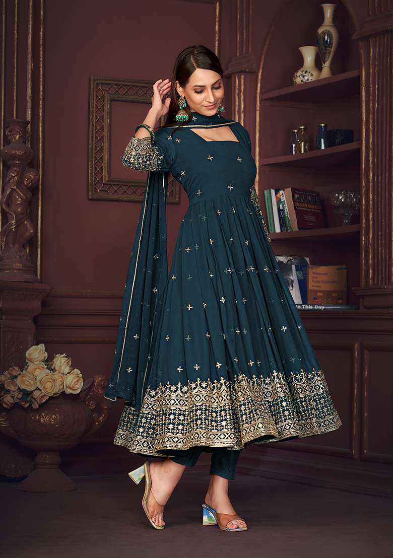 Turquoise Blue Georgette Embroidered Anarkali With Dupatta With Dupptta - Indya