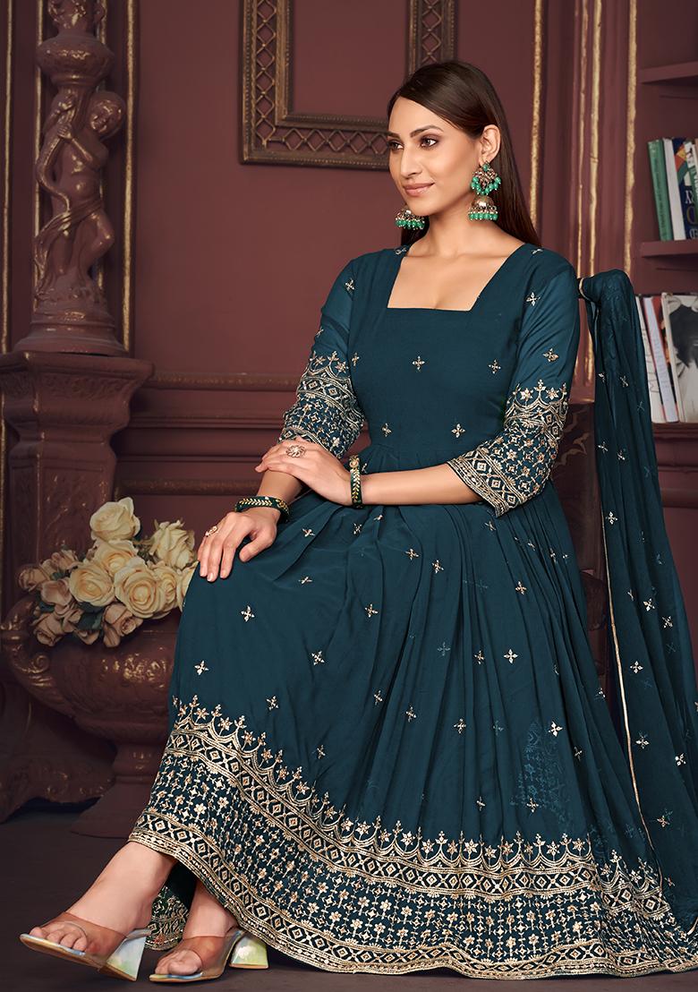 Turquoise Blue Georgette Embroidered Anarkali Set With Dupptta