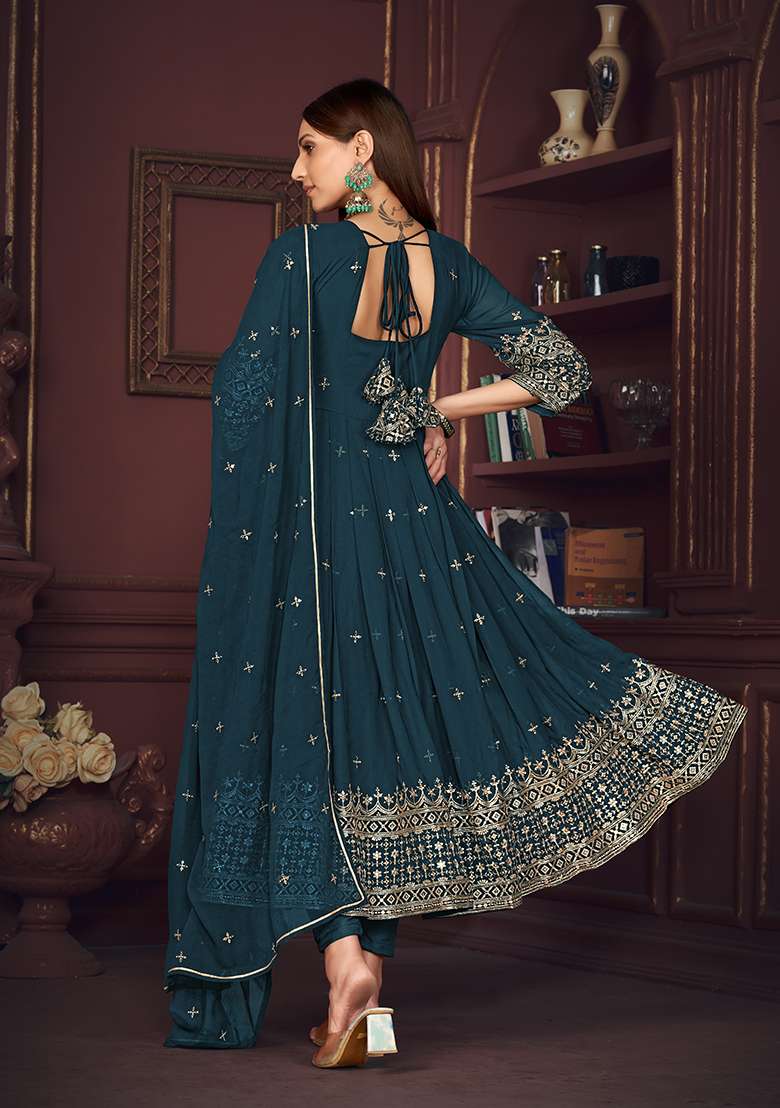 Turquoise Blue Georgette Embroidered Anarkali With Dupatta With Dupptta - Indya