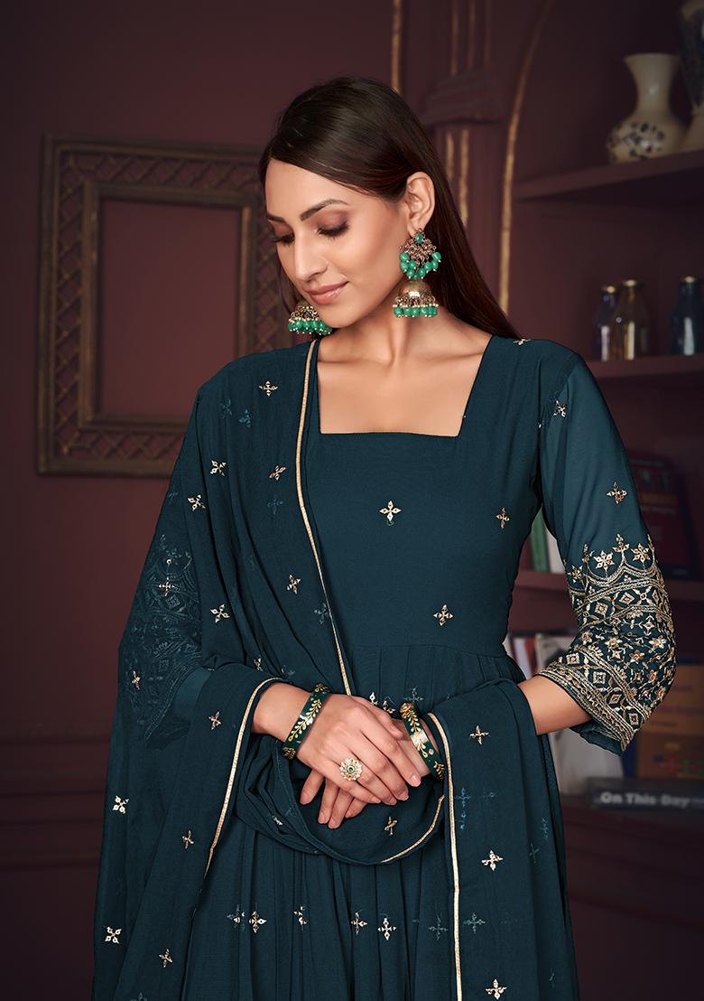 Turquoise Blue Georgette Embroidered Anarkali Set With Dupptta