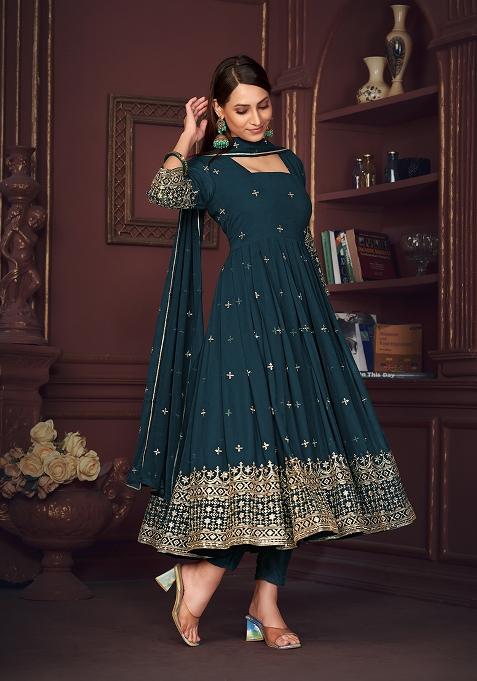 Turquoise Blue Georgette Embroidered Anarkali Set With Dupptta