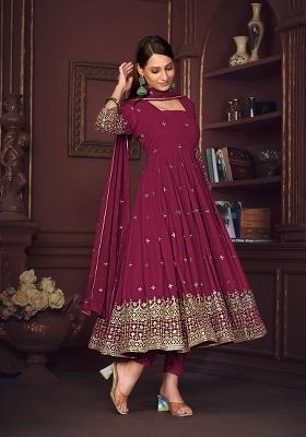 Dark Pink Georgette Embroidered Anarkali Set With Dupptta