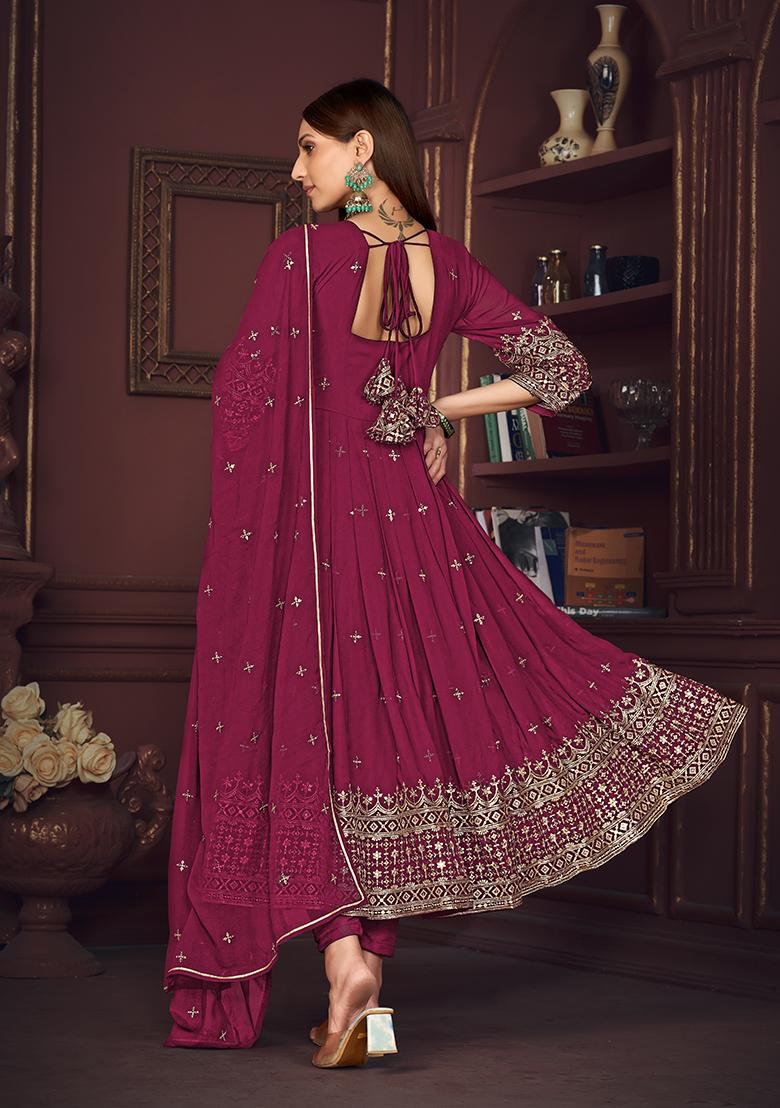 Dark Pink Georgette Embroidered Anarkali Set With Dupptta