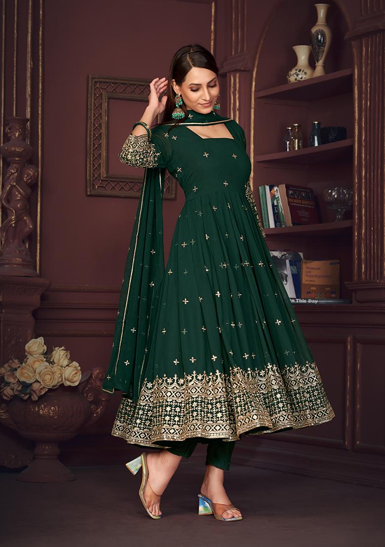 Green Georgette Embroidered Anarkali With Dupatta With Dupptta - Indya