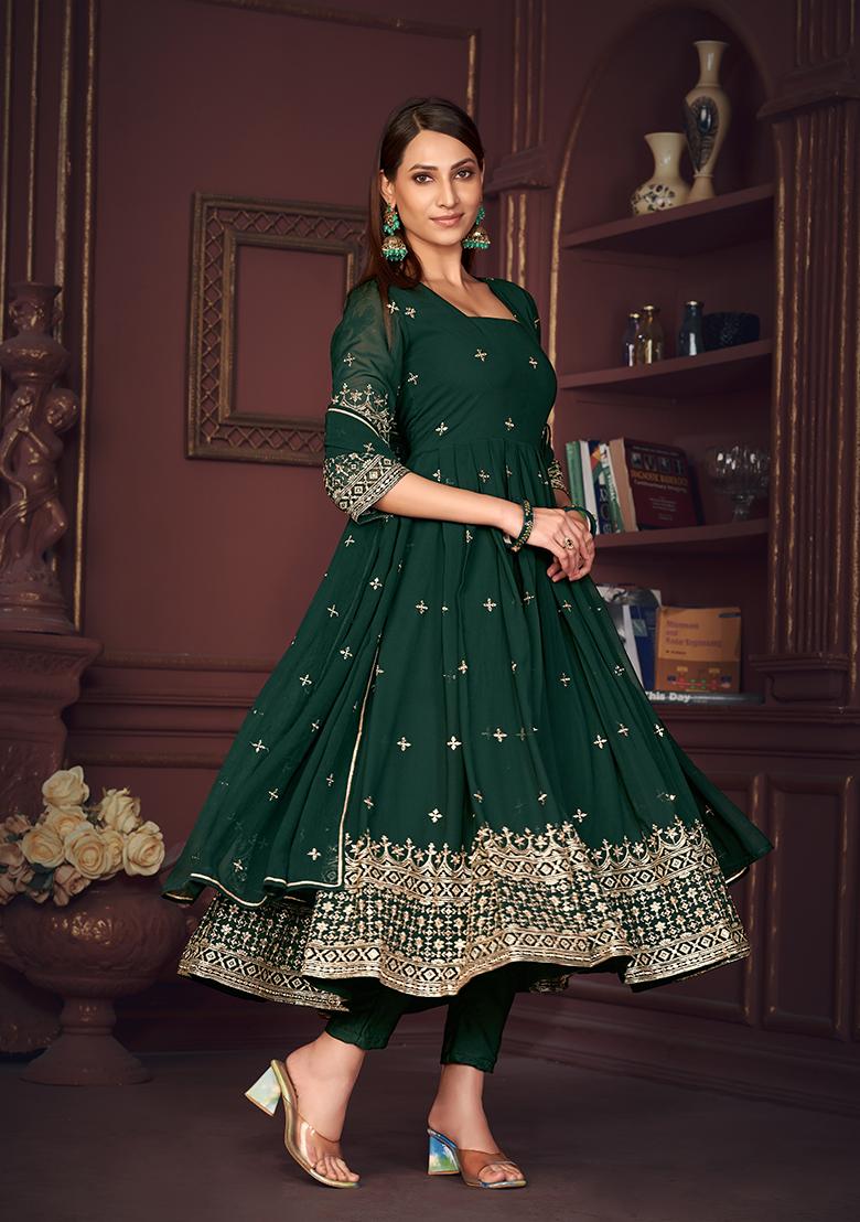 Green Georgette Embroidered Anarkali With Dupatta With Dupptta - Indya