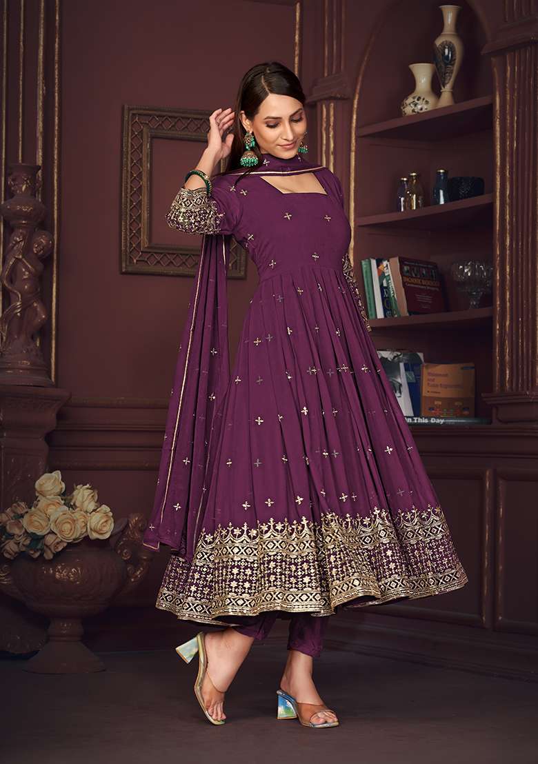 Purple Embroidered Georgette Anarkali With Dupatta - Indya