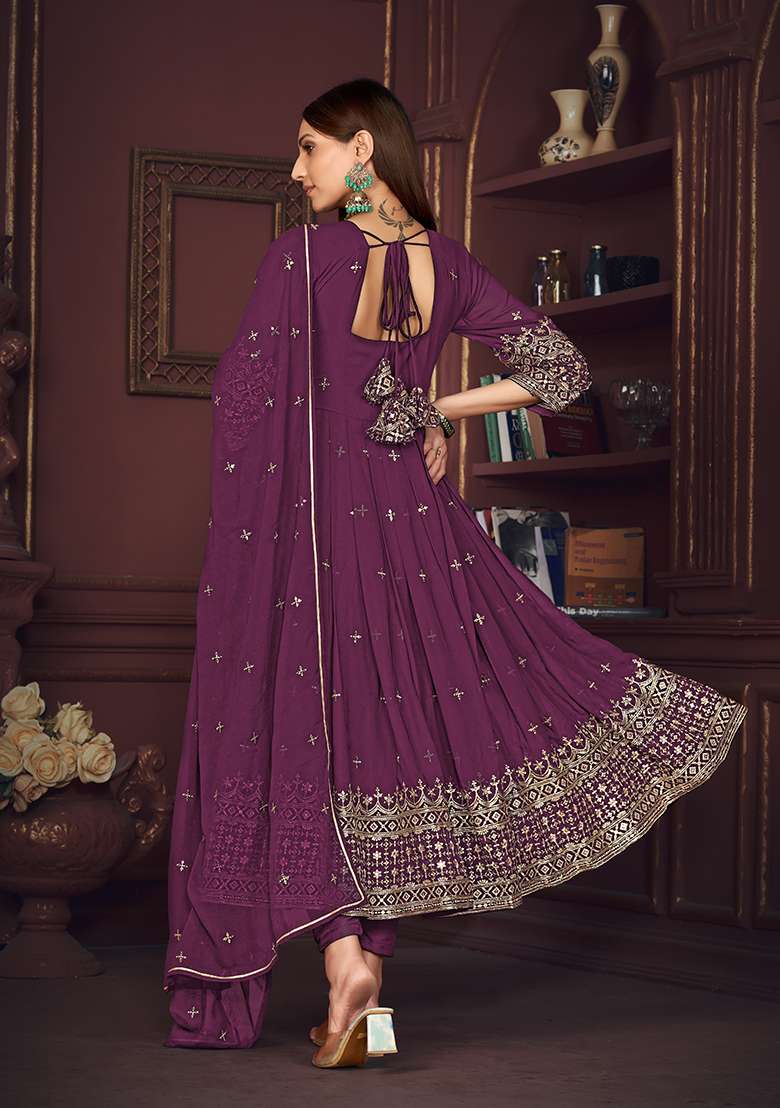 Purple Embroidered Georgette Anarkali With Dupatta - Indya