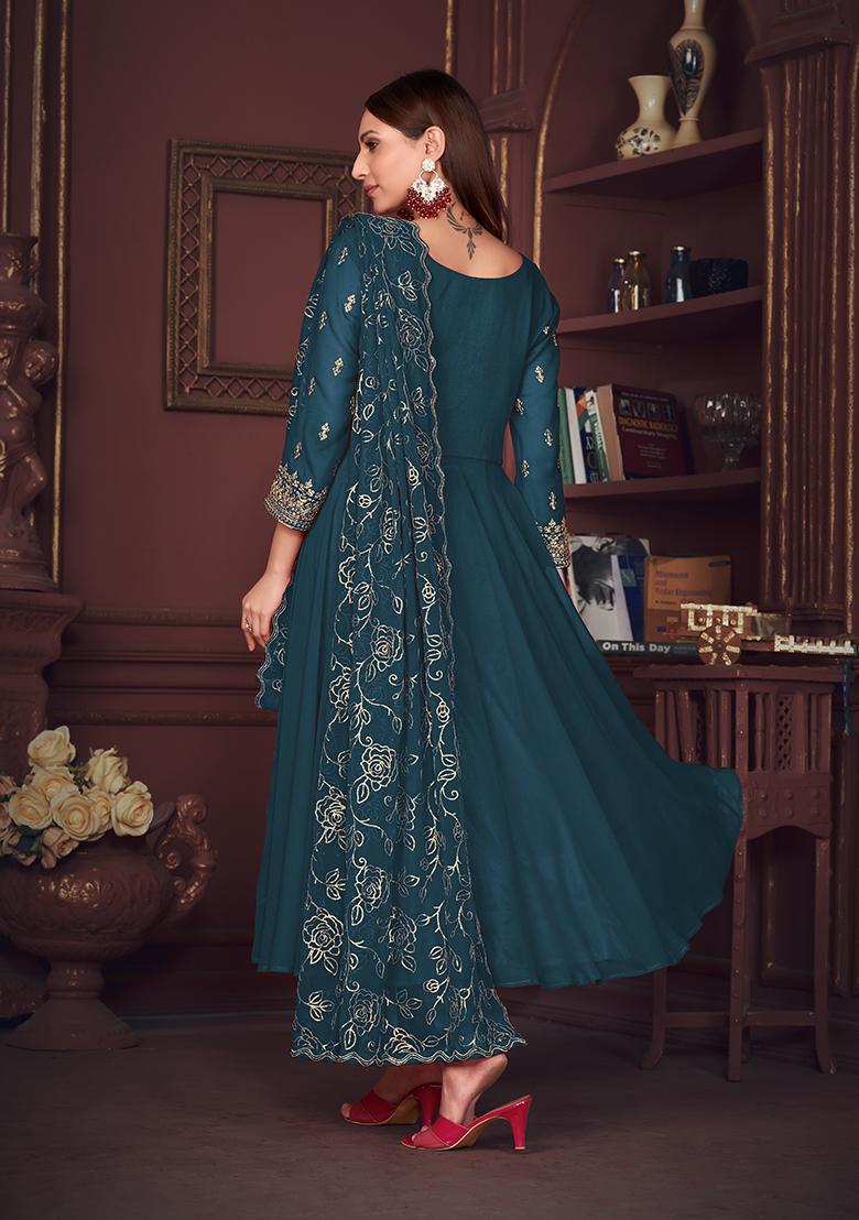 Turquoise Blue Georgette Embroidered Anarkali Set With Dupptta