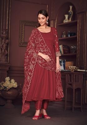 Maroon Georgette Embroidered Anarkali Set With Dupptta