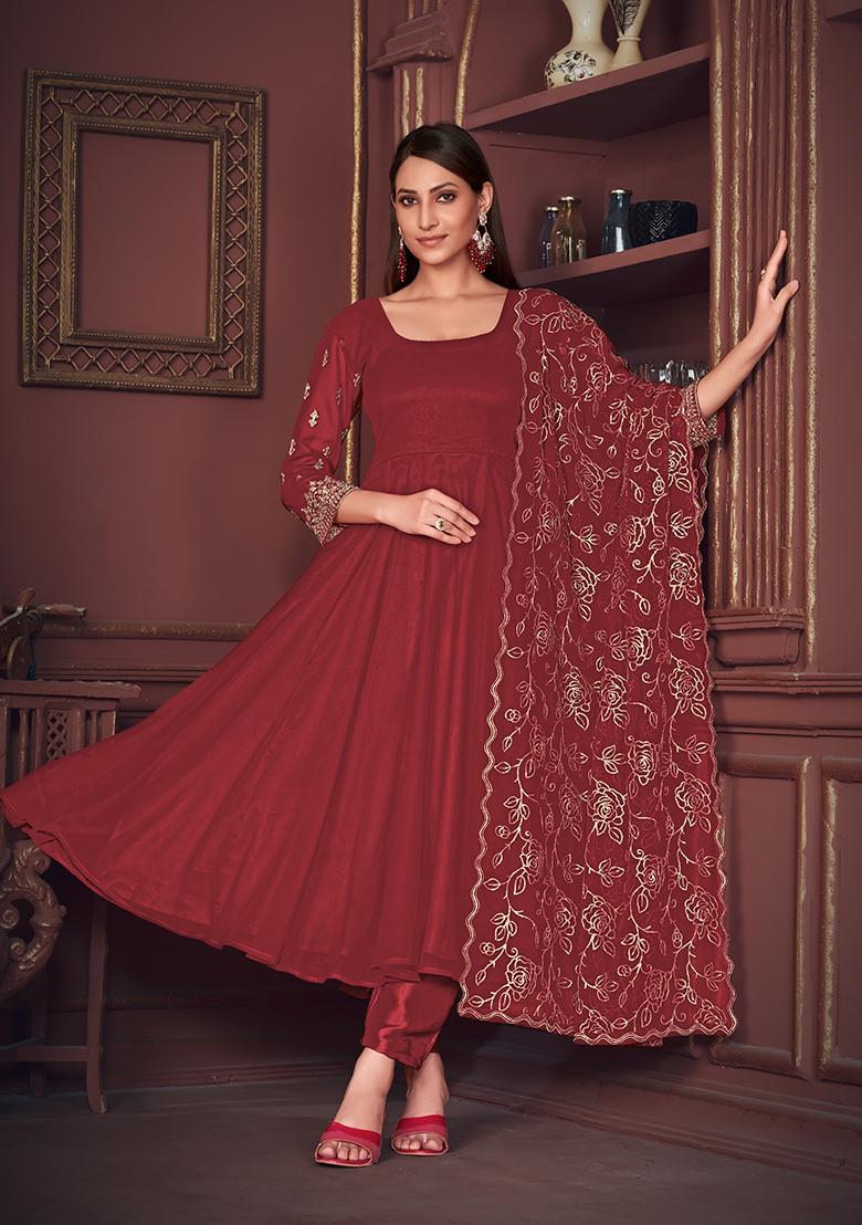 Maroon Georgette Embroidered Anarkali Set With Dupptta