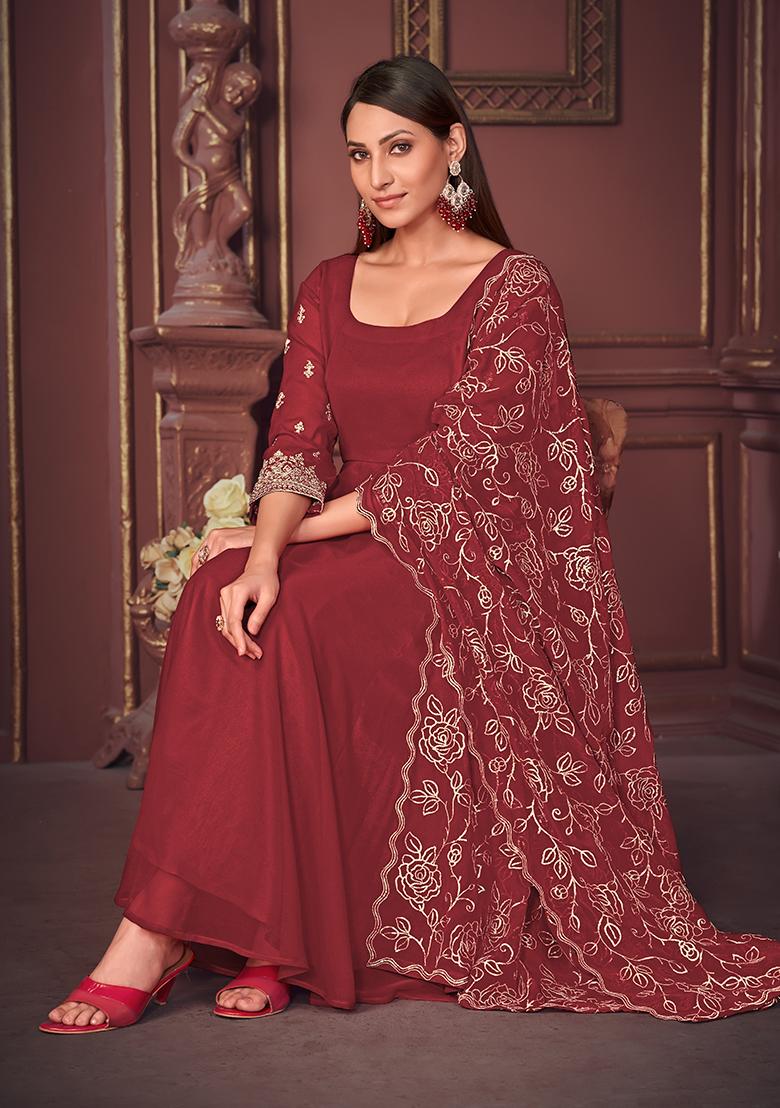 Maroon Georgette Embroidered Anarkali Set With Dupptta