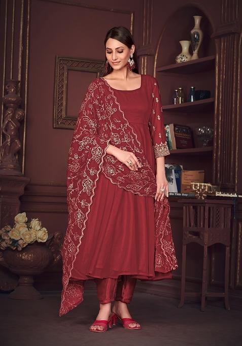 Maroon Georgette Embroidered Anarkali Set With Dupptta
