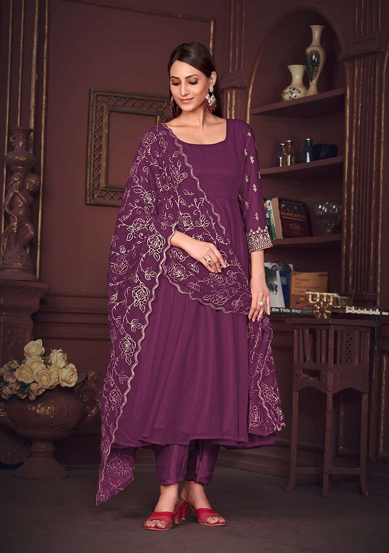 Purple Embroidered Georgette Straight Kurta Set - Indya