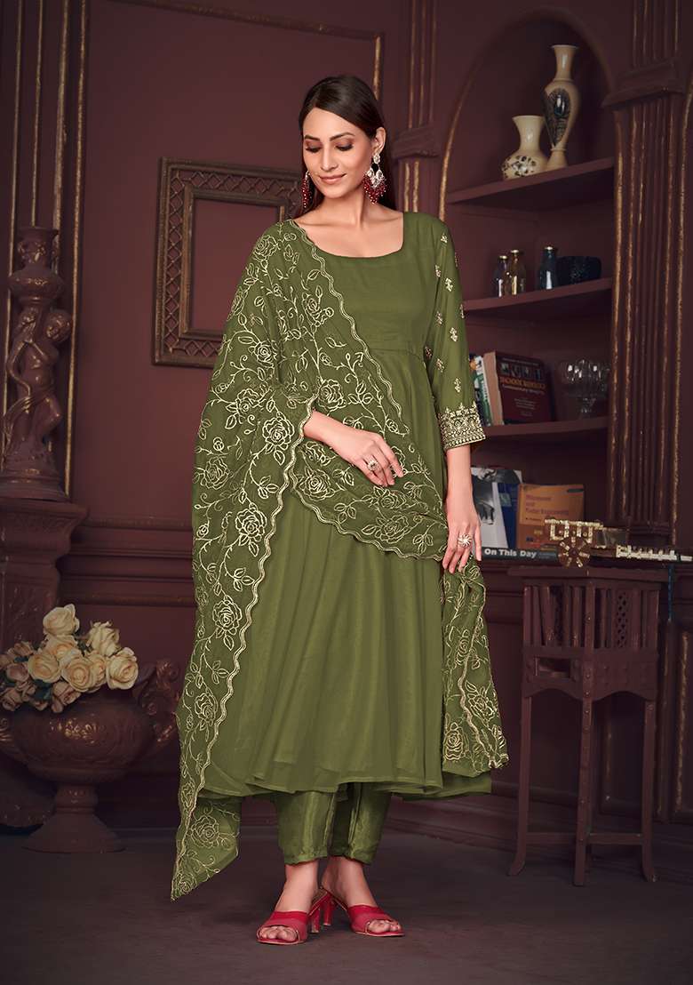 Light Green Embroidered Georgette Straight Kurta Set - Indya