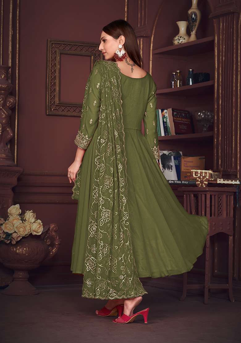 Light Green Embroidered Georgette Straight Kurta Set - Indya