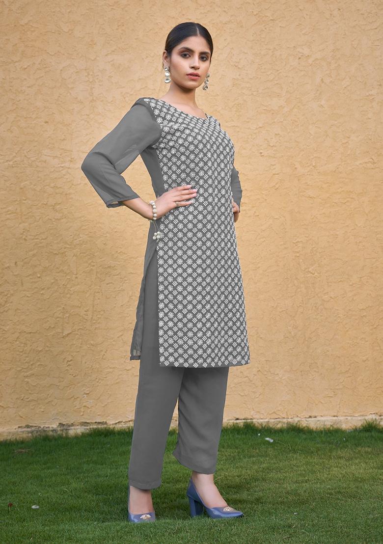 Grey Georgette Embroidered Salwar Kameez