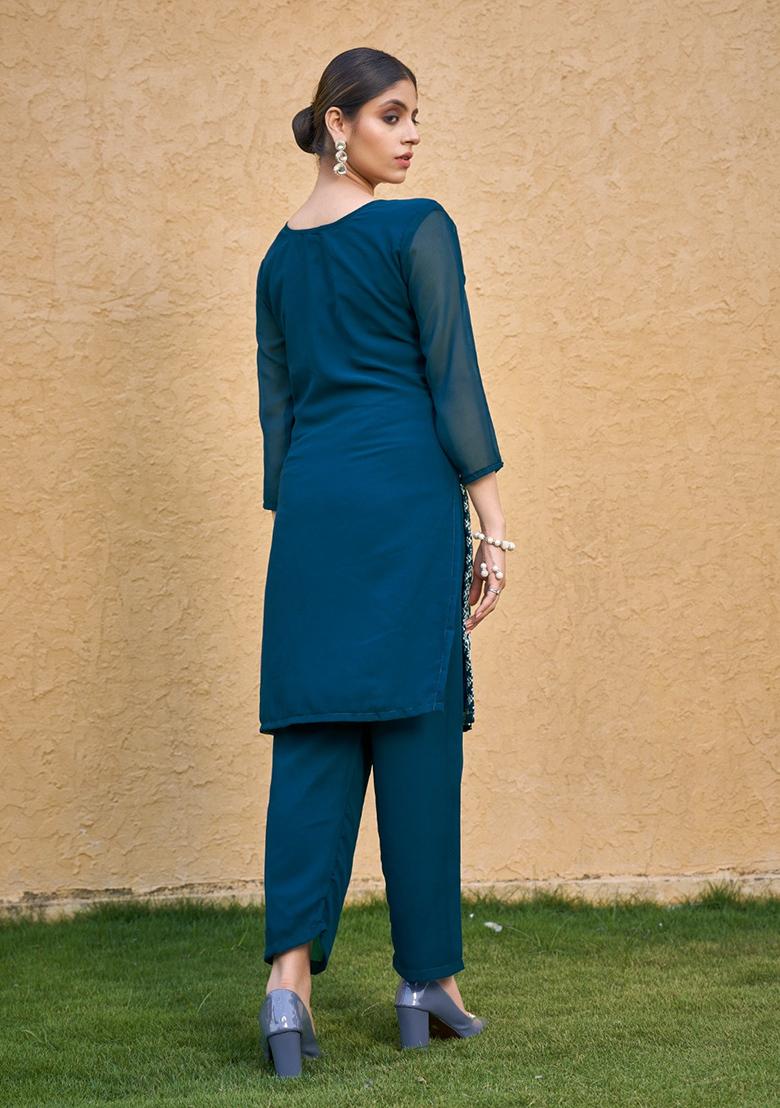 Teal Blue Georgette Embroidered Salwar Kameez