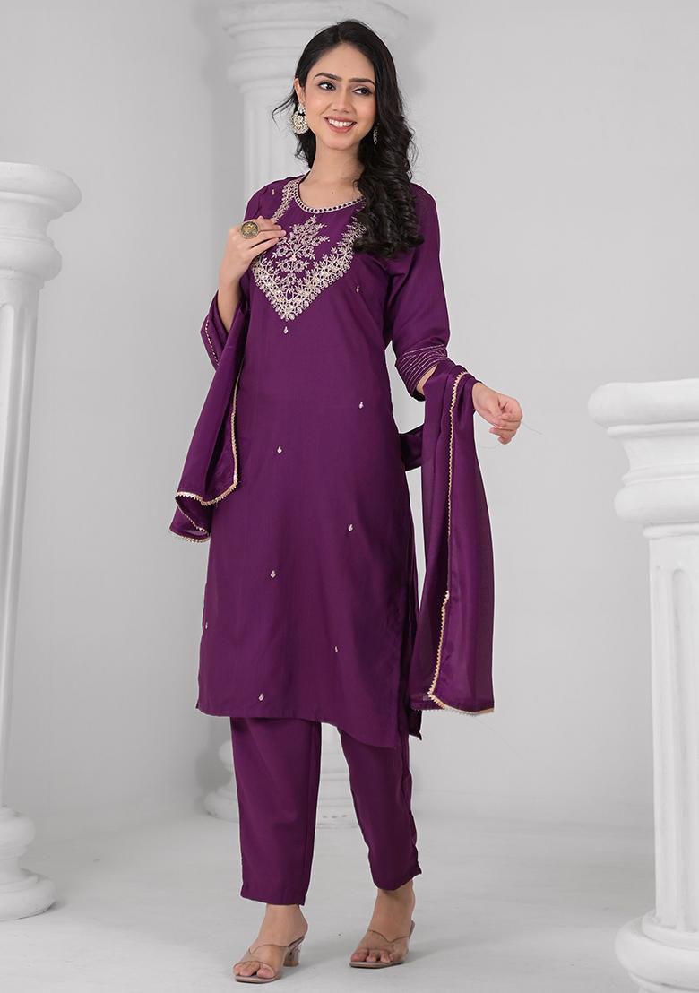 Purple Rayon Embroidered Salwar Kameez With Dupptta