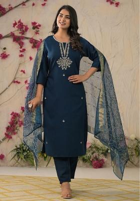 Teal Blue Rayon Embroidered Salwar Kameez With Dupptta
