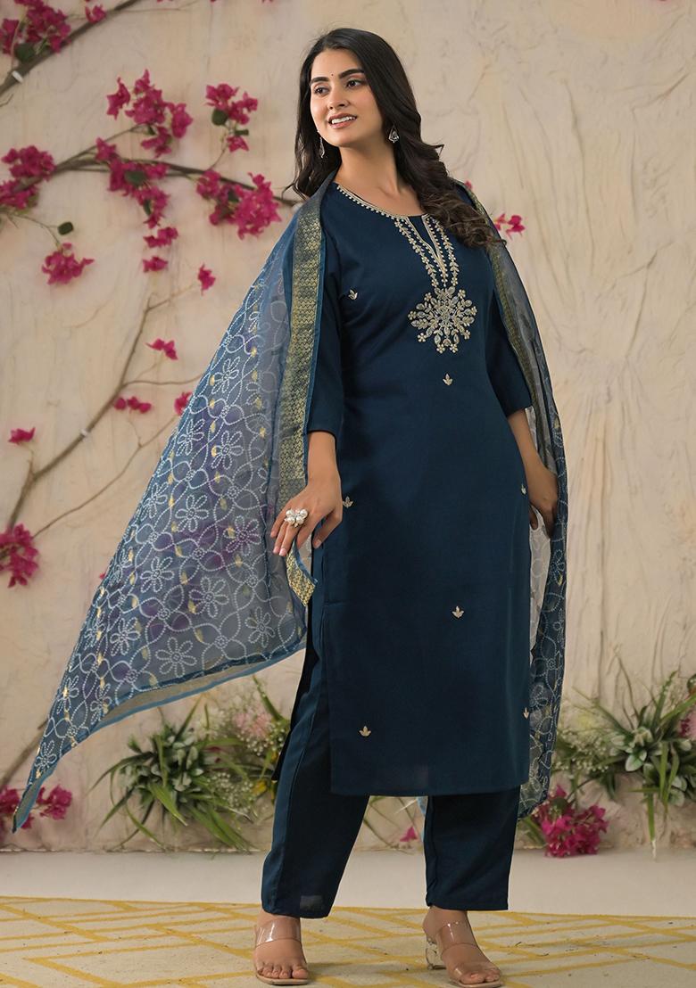 Teal Blue Rayon Embroidered Salwar Kameez With Dupptta