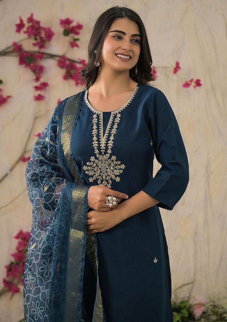 Teal Blue Rayon Embroidered Salwar Kameez With Dupptta