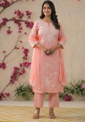 Peach Cotton Embroidered Salwar Kameez With Dupptta