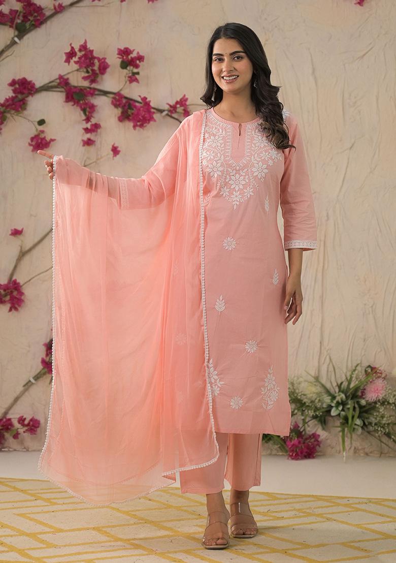 Peach Cotton Embroidered Salwar Kameez With Dupptta