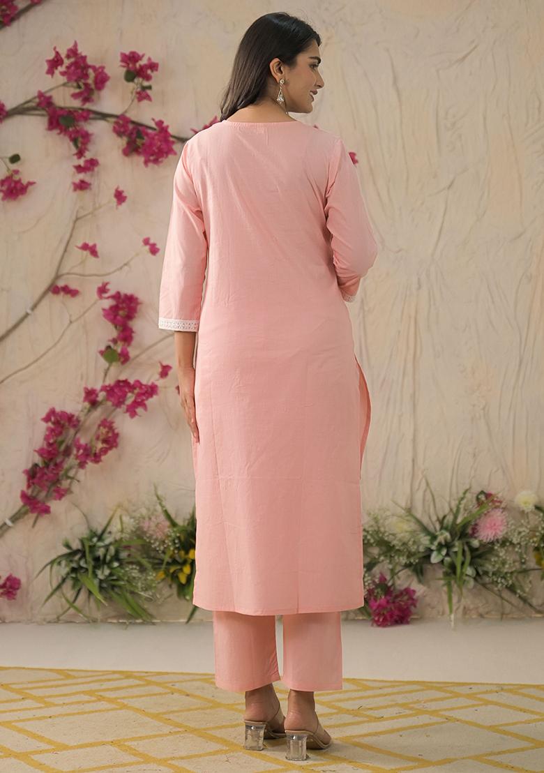 Peach Cotton Embroidered Salwar Kameez With Dupptta