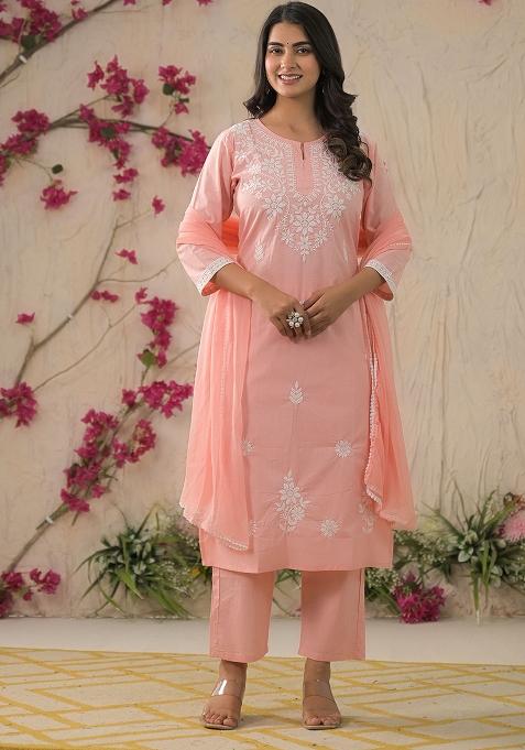 Peach Cotton Embroidered Salwar Kameez With Dupptta
