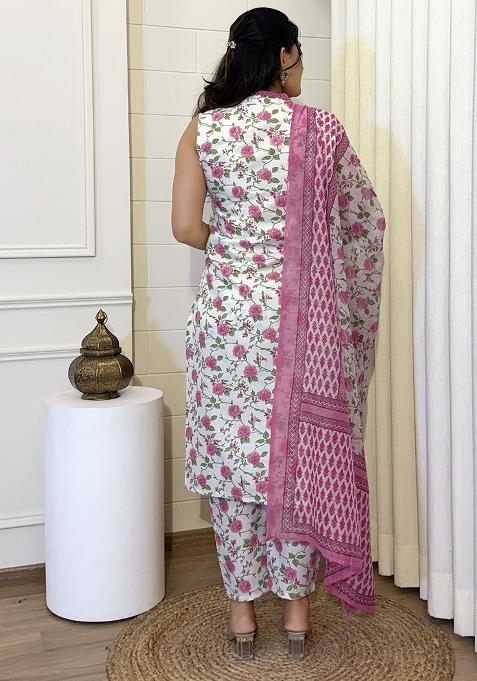 Off White Cotton Floral Print Salwar Kameez With Dupptta