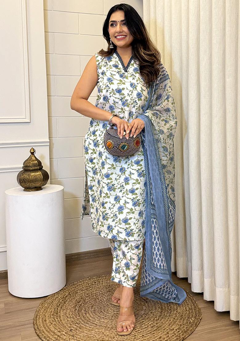 Off White Cotton Floral Print Salwar Kameez With Dupptta