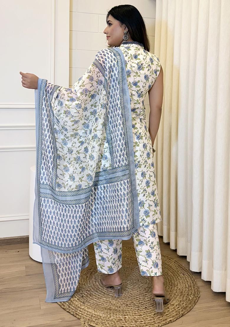 Off White Cotton Floral Print Salwar Kameez With Dupptta