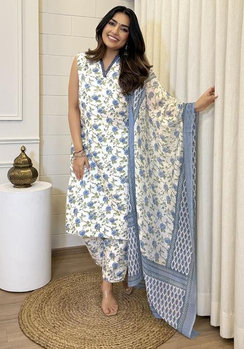 Off White Cotton Floral Print Salwar Kameez With Dupptta