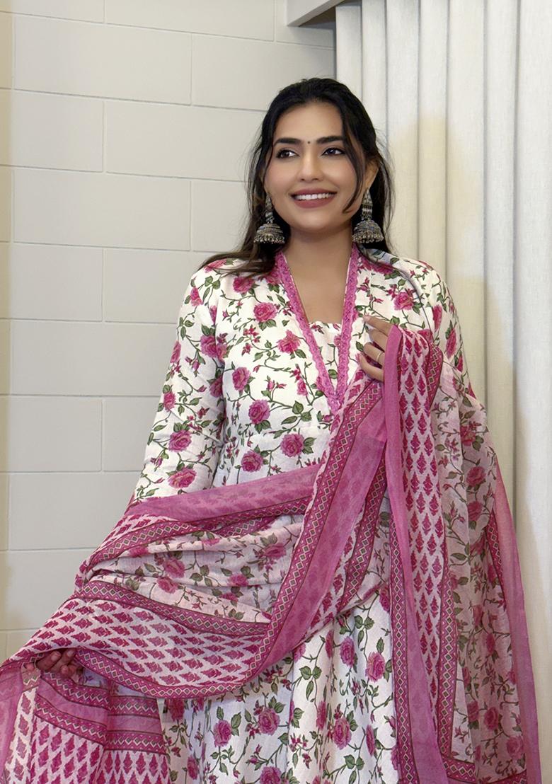 Off White Cotton Floral Print Salwar Kameez With Dupptta