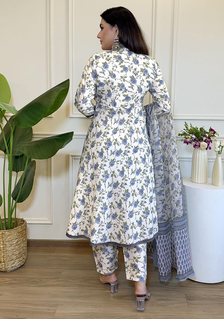 Off White Cotton Floral Print Salwar Kameez With Dupptta