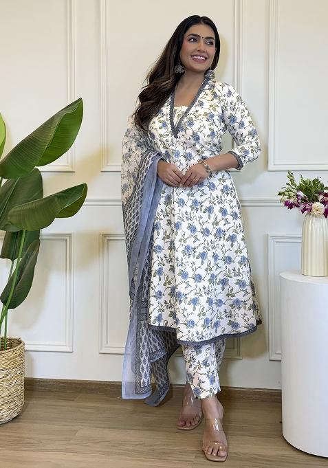 Off White Cotton Floral Print Salwar Kameez With Dupptta