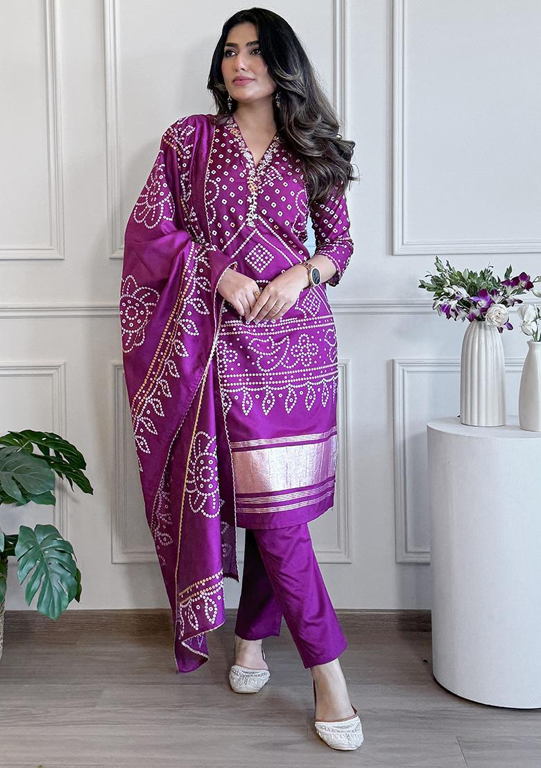 Purple Viscose Embroidered Salwar Kameez With Dupptta
