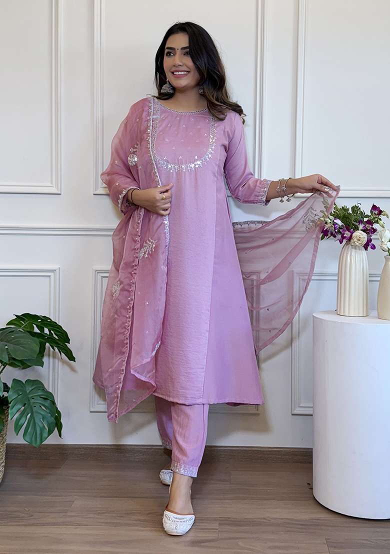 Lavender Silk Embroidered Salwar Kameez With Dupptta - Indya