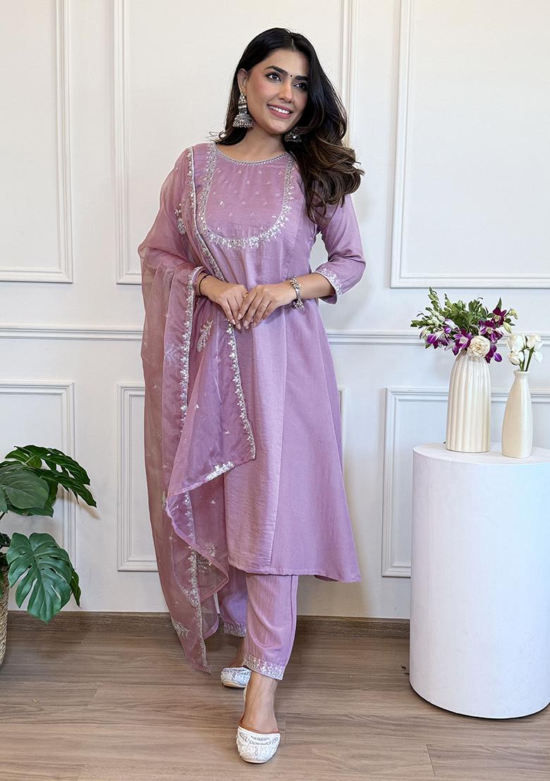 Lavender Silk Embroidered Salwar Kameez With Dupptta
