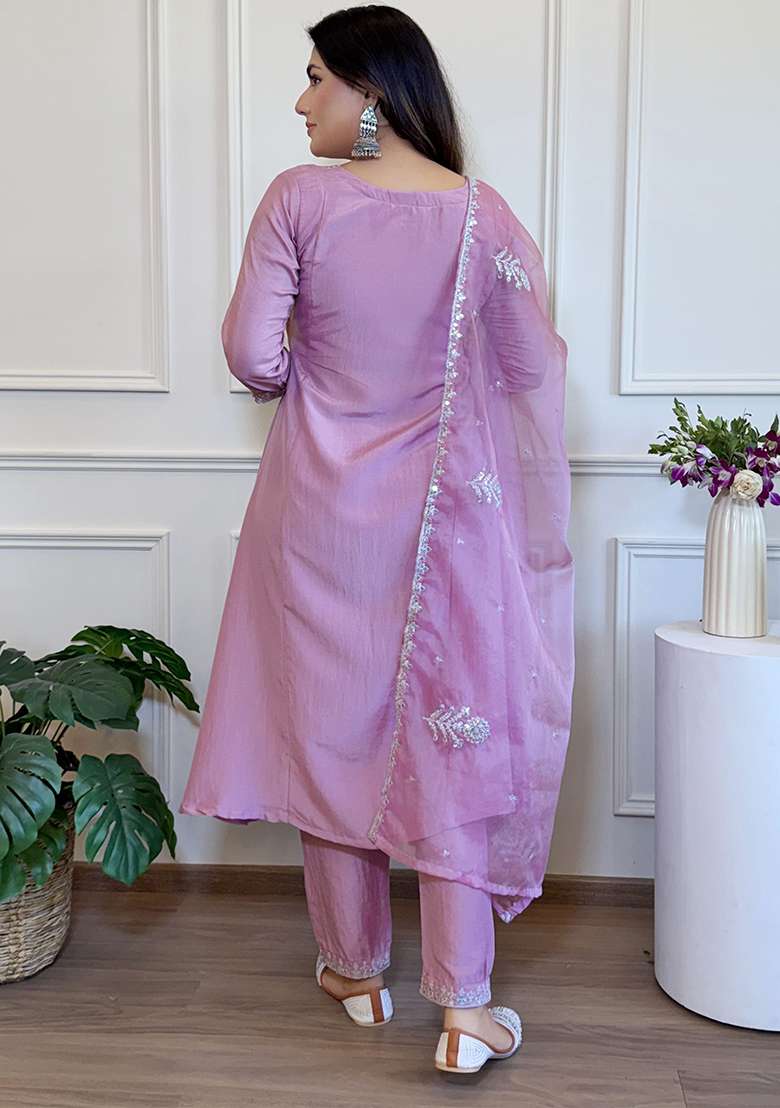 Lavender Silk Embroidered Salwar Kameez With Dupptta - Indya