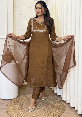 Brown Silk Embroidered Salwar Kameez With Dupptta