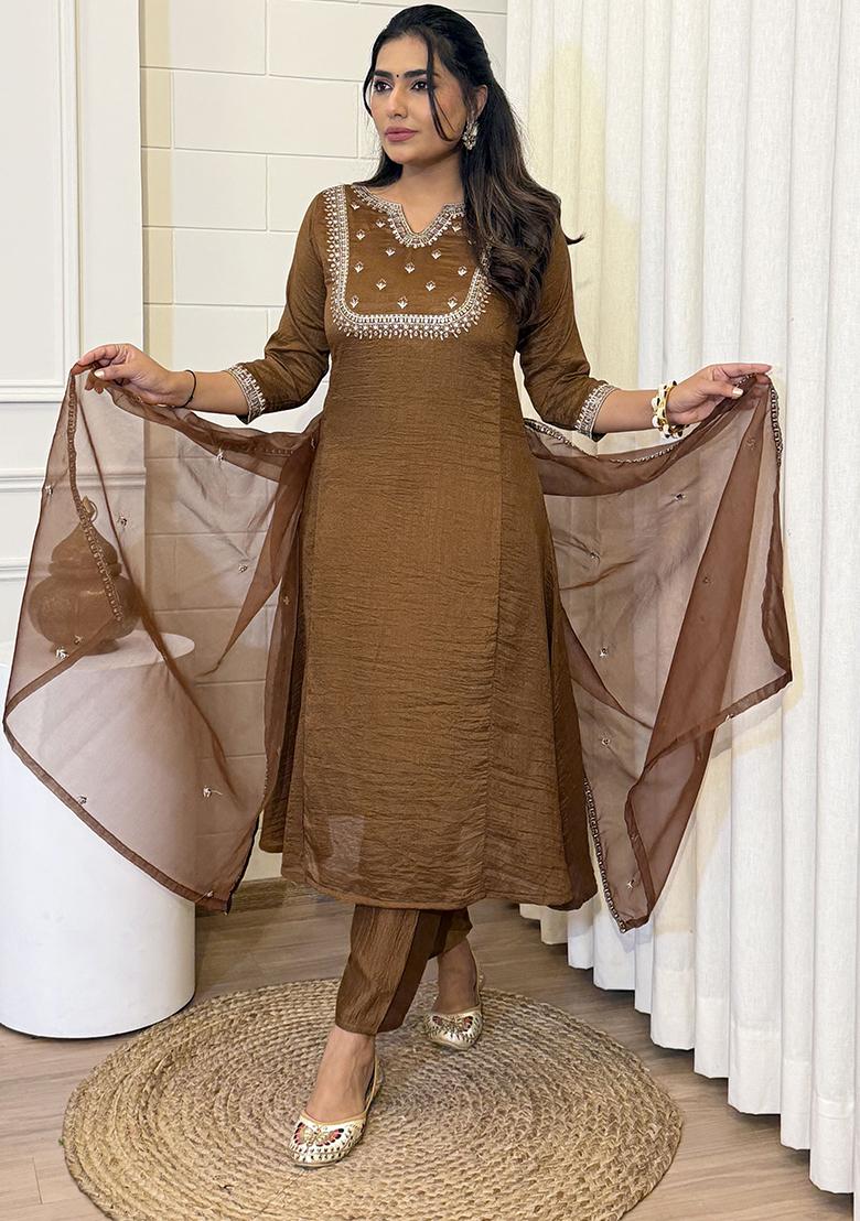 Brown Silk Embroidered Salwar Kameez With Dupptta